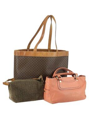 CELINE C Macadam Canvas Bag PVC Suede Leather 3 Set Brown Pink